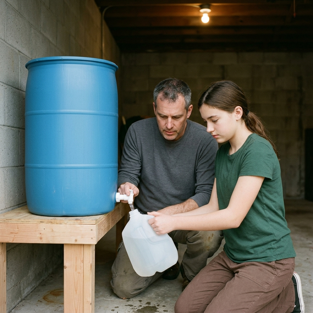 A man and a teenage girl fill a plastic jug from the tap of a blue water storage drum in a garage.