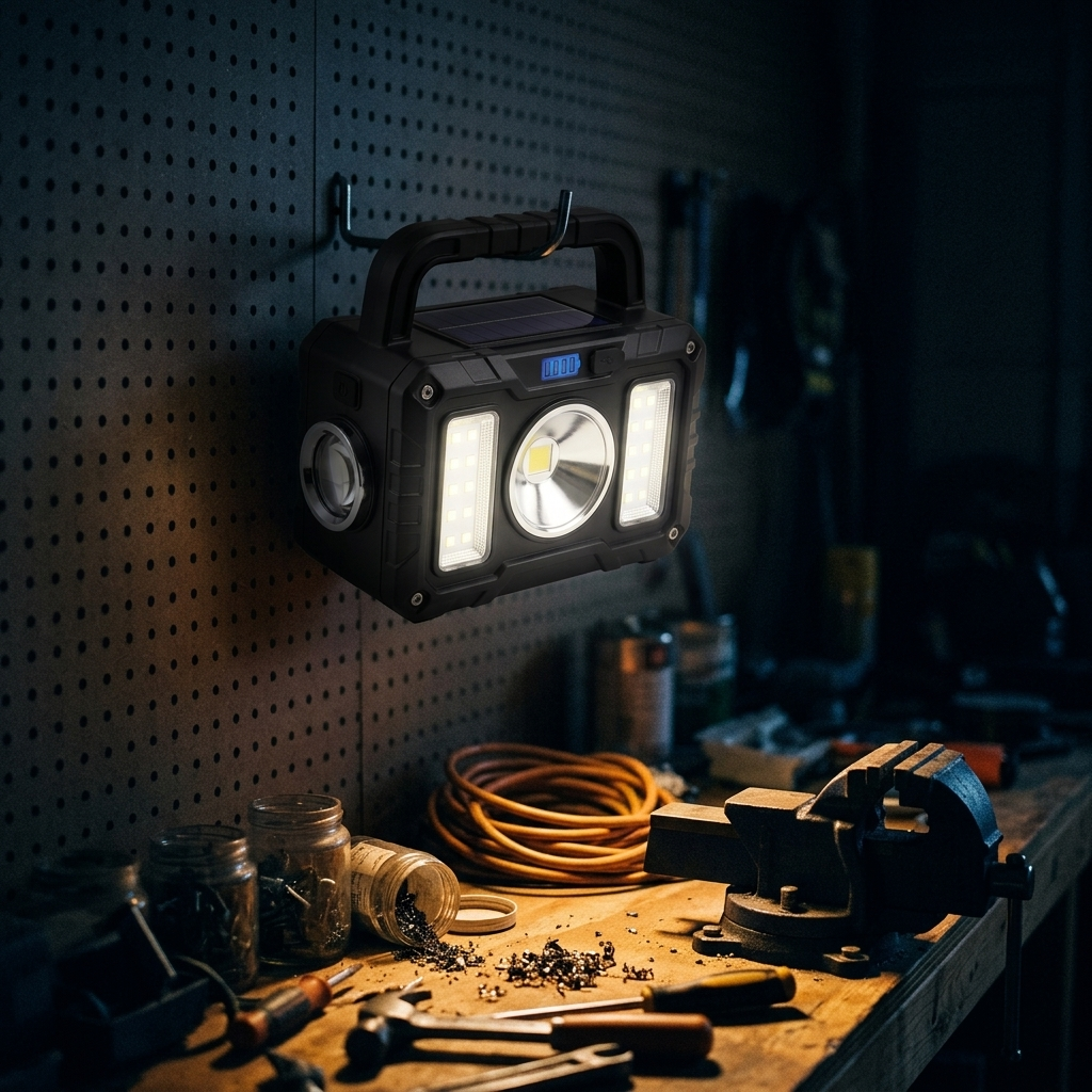 Tactical Flashlight hanging by its handle from a pegboard hook, lighting a dark garage workbench