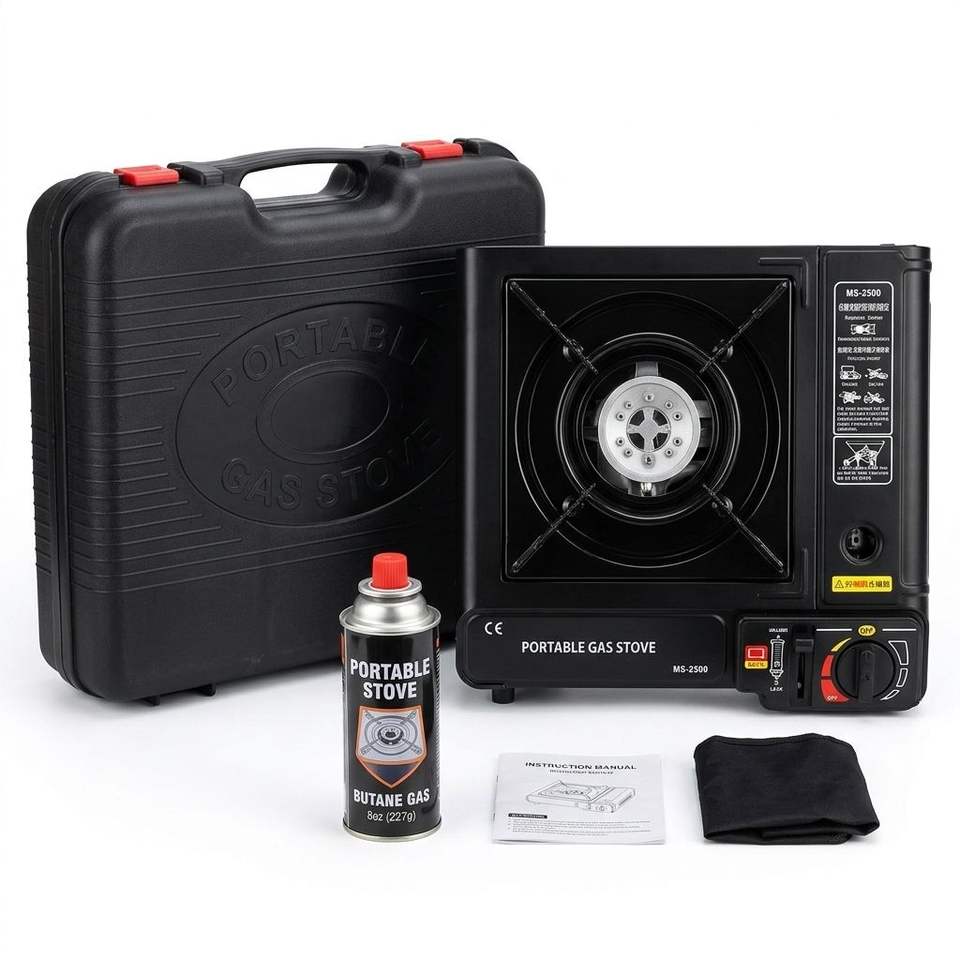 Emergency Stove kit contents laid out with hard carry case and instruction manual (butane cartridge shown not included)