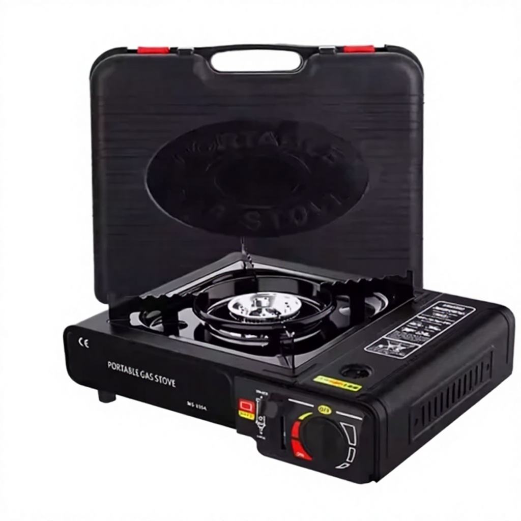 Emergency Stove black portable butane gas stove with hard carry case open behind it