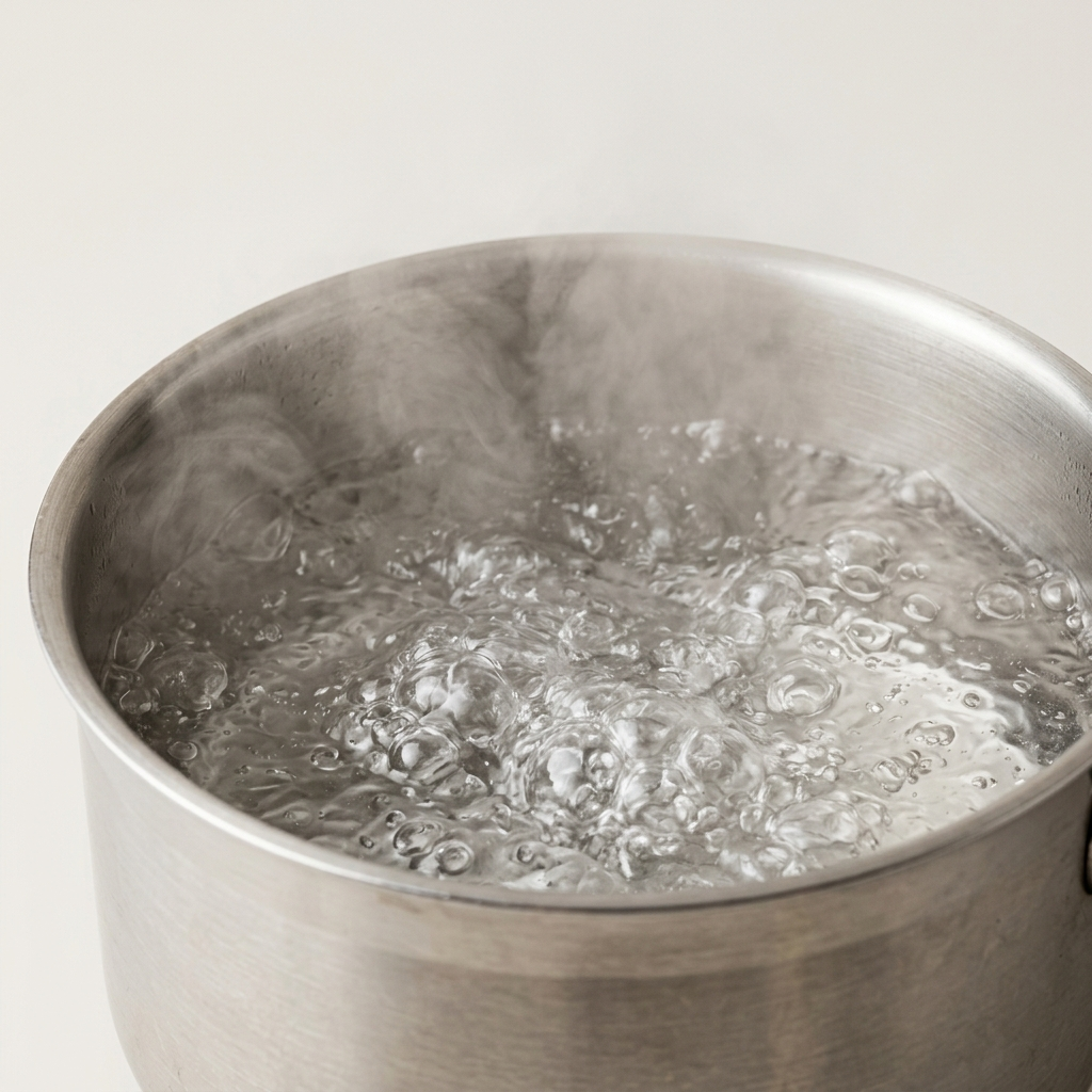 A pan of clear water at a rolling boil