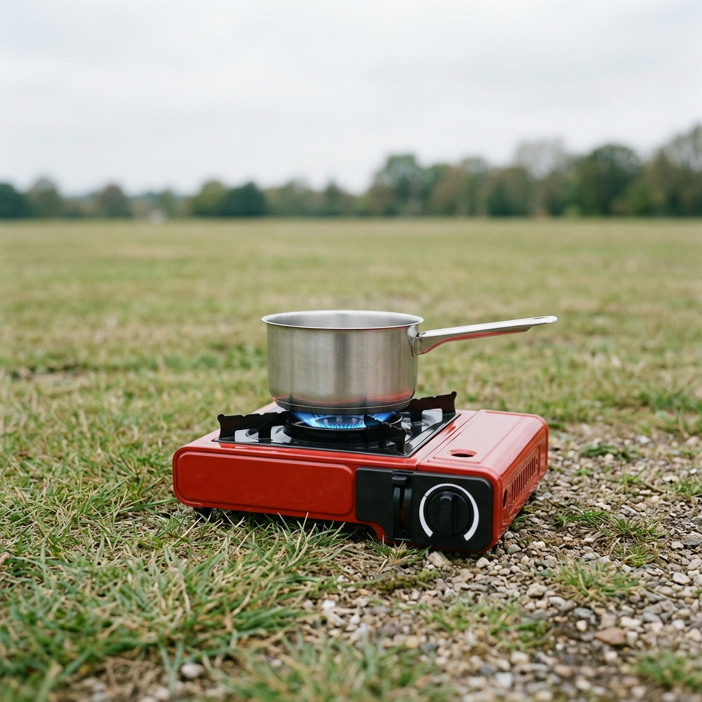 Emergency Stove in use outdoors on open ground, well away from any building, boiling a pan of water