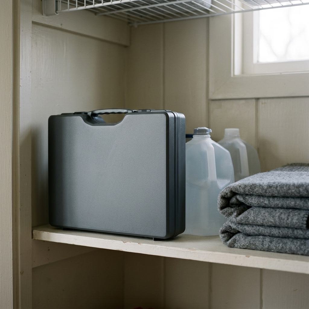 The Emergency Stove packed away in its closed carry case on a closet shelf beside stored water and blankets