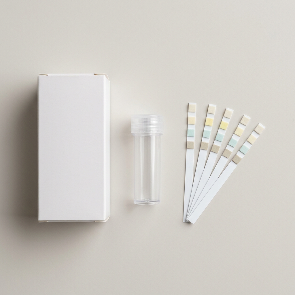 A plain unmarked white box, an empty clear sample vial and loose water test strips laid out on a pale warm-grey studio background.