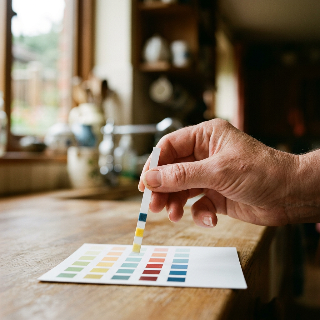 A hand holds a used dip strip above an unlabelled colour comparison card on a kitchen counter.