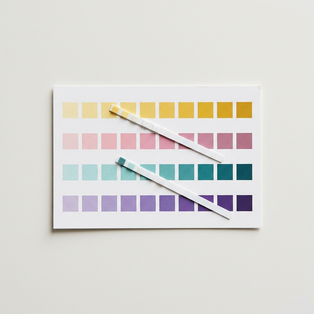 Two water test strips resting on a plain comparison card printed only with rows of unlabelled colour squares.
