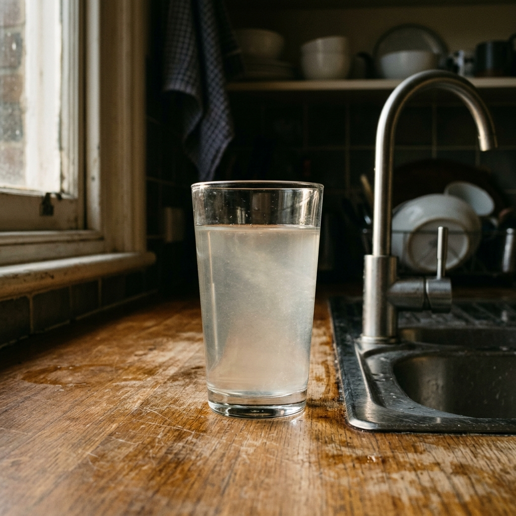 A glass of cloudy tap water standing on a wooden kitchen counter beside a sink.