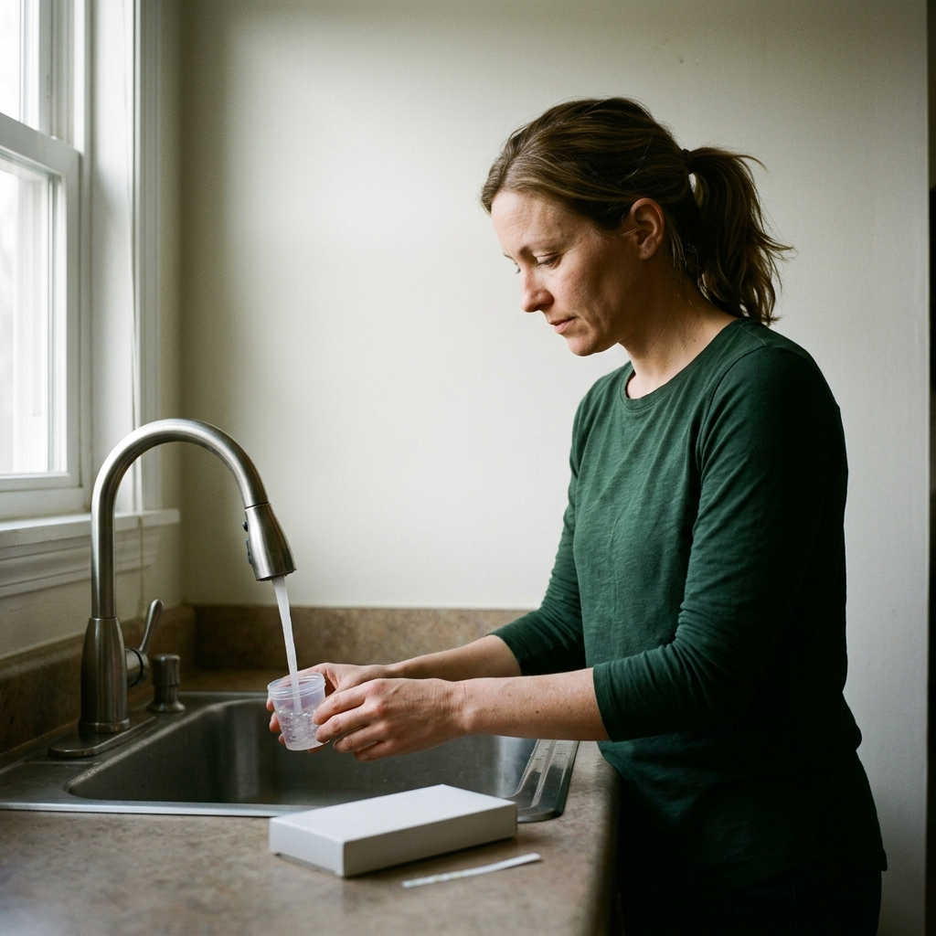 A woman collects tap water in a small clear cup at her kitchen sink, with a plain unmarked box and a dip strip on the counter.