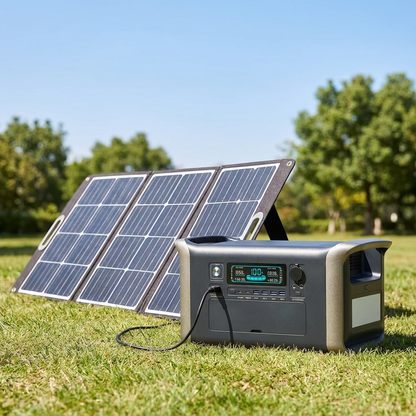 Tactical PowerX recharging outdoors from a portable folding solar panel