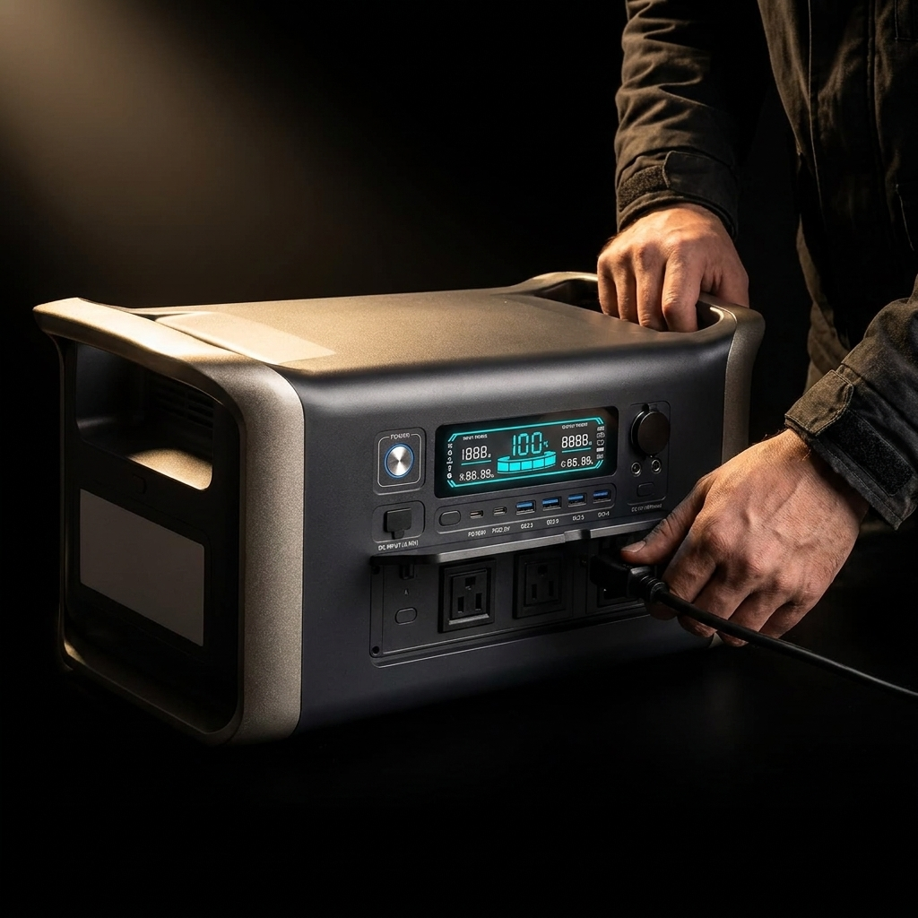 Tactical PowerX portable power station with glowing display, plugging in a power cable