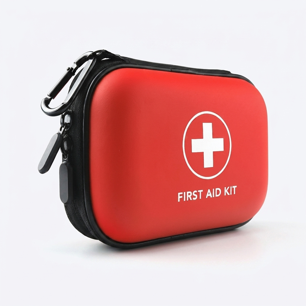 Tactical First Aid Kit studio product view - red EVA hard case with carabiner
