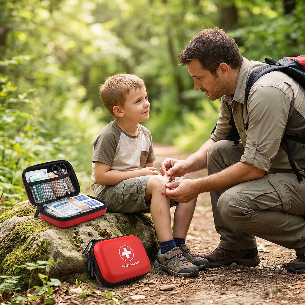 Father using the Tactical First Aid Kit to bandage his son's knee on a hiking trail