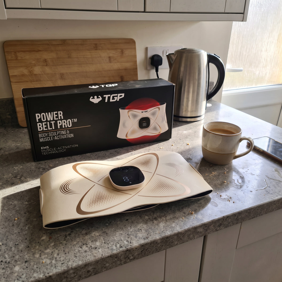 Power Belt Pro and its box on a kitchen worktop