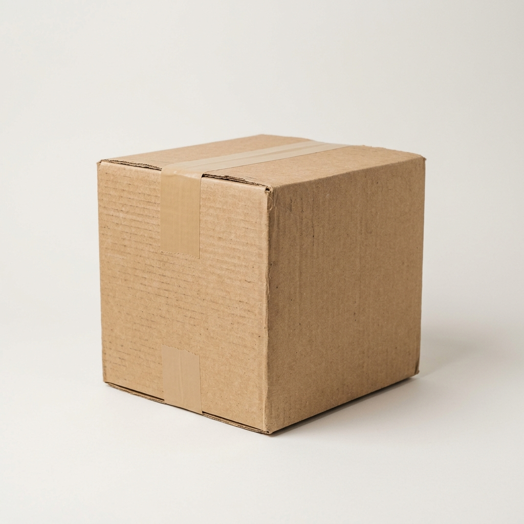 A plain unbranded corrugated cardboard shipping box, sealed with tan packing tape, photographed on a seamless light warm-grey studio background.