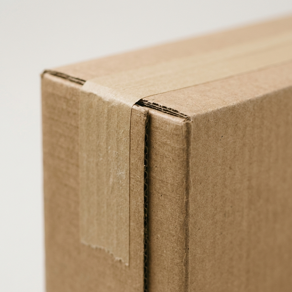 Close-up of the top corner and taped seam of a plain corrugated cardboard box against a light warm-grey background.