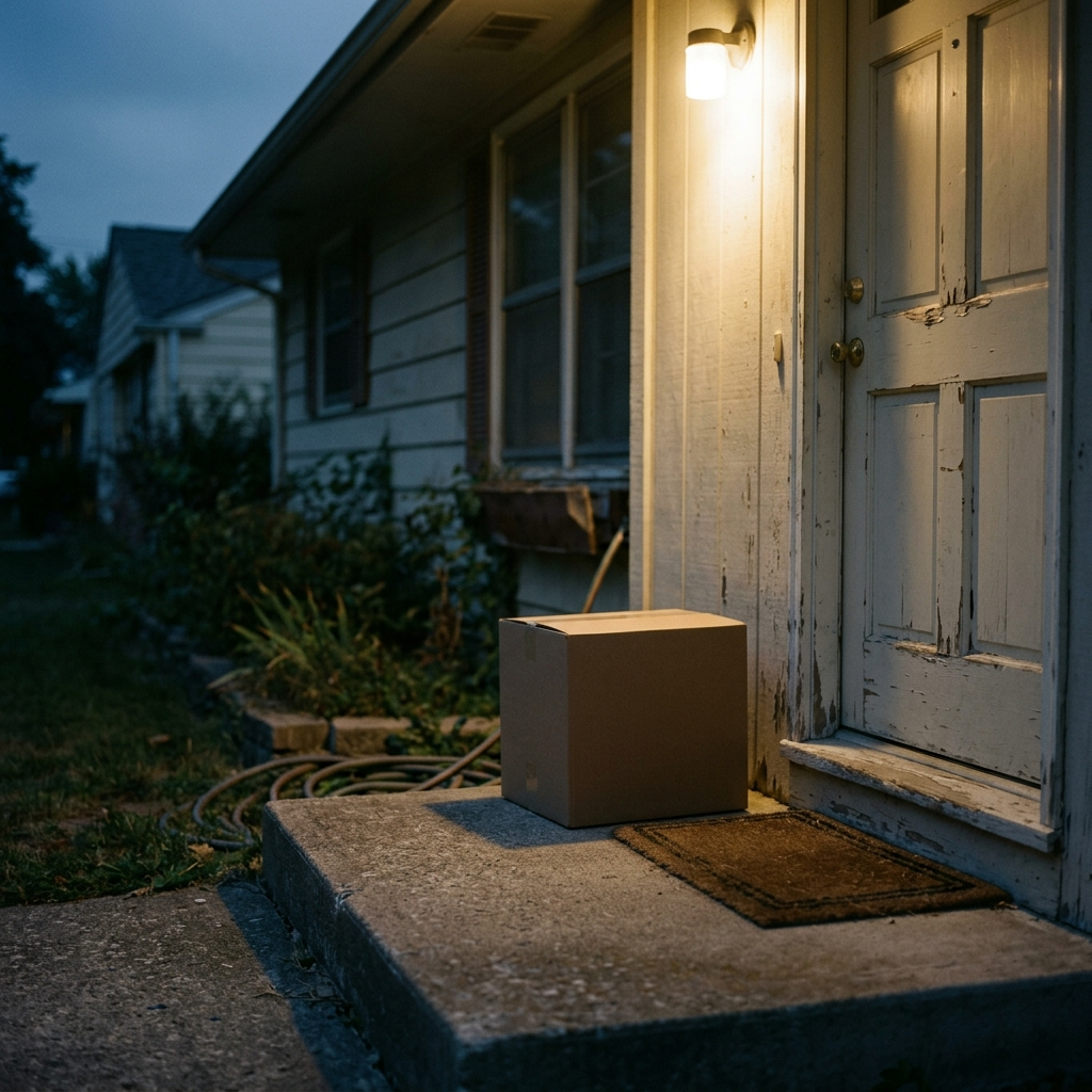 A plain cardboard box left on the concrete front step of an ordinary house at dusk, lit by a warm porch light, with a coir doormat beside it.