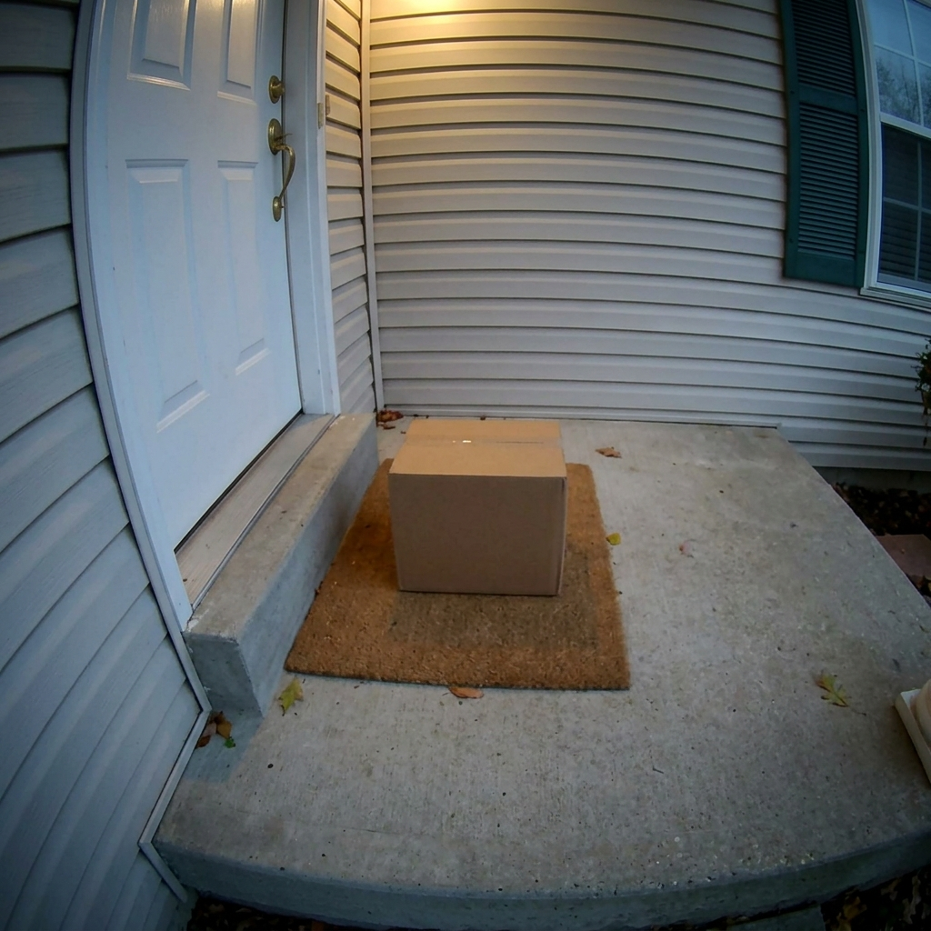 An elevated wide-angle view looking down at a plain cardboard box resting on a coir doormat on a front porch, in the style of a home doorbell camera.