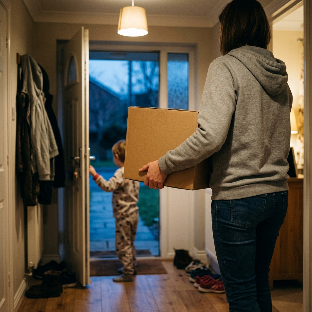 Seen from behind, an adult in a grey sweatshirt carries a plain cardboard box in through the front door of a home at dusk while a child holds the door open.