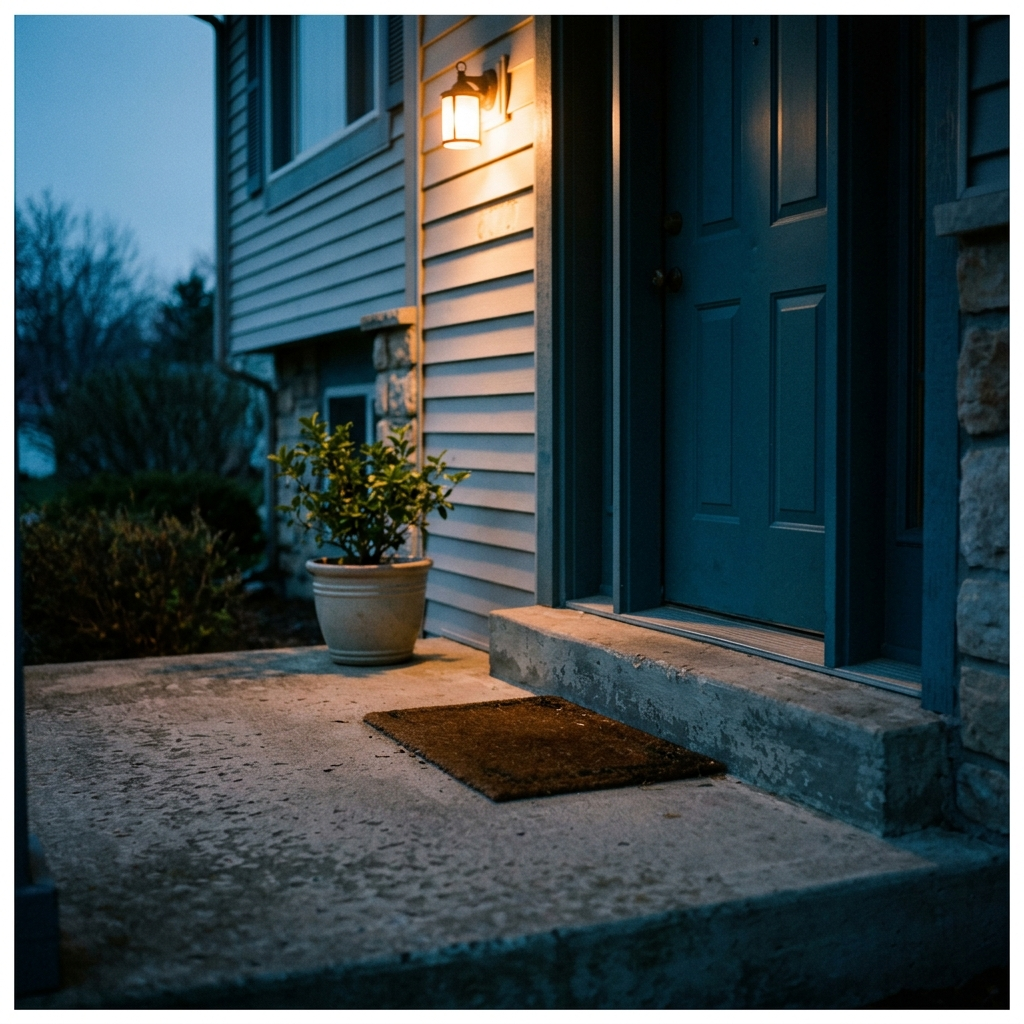 An empty front doorstep at dusk: a bare coir doormat on concrete outside a blue-grey front door, lit by a porch lantern, with no parcel present.