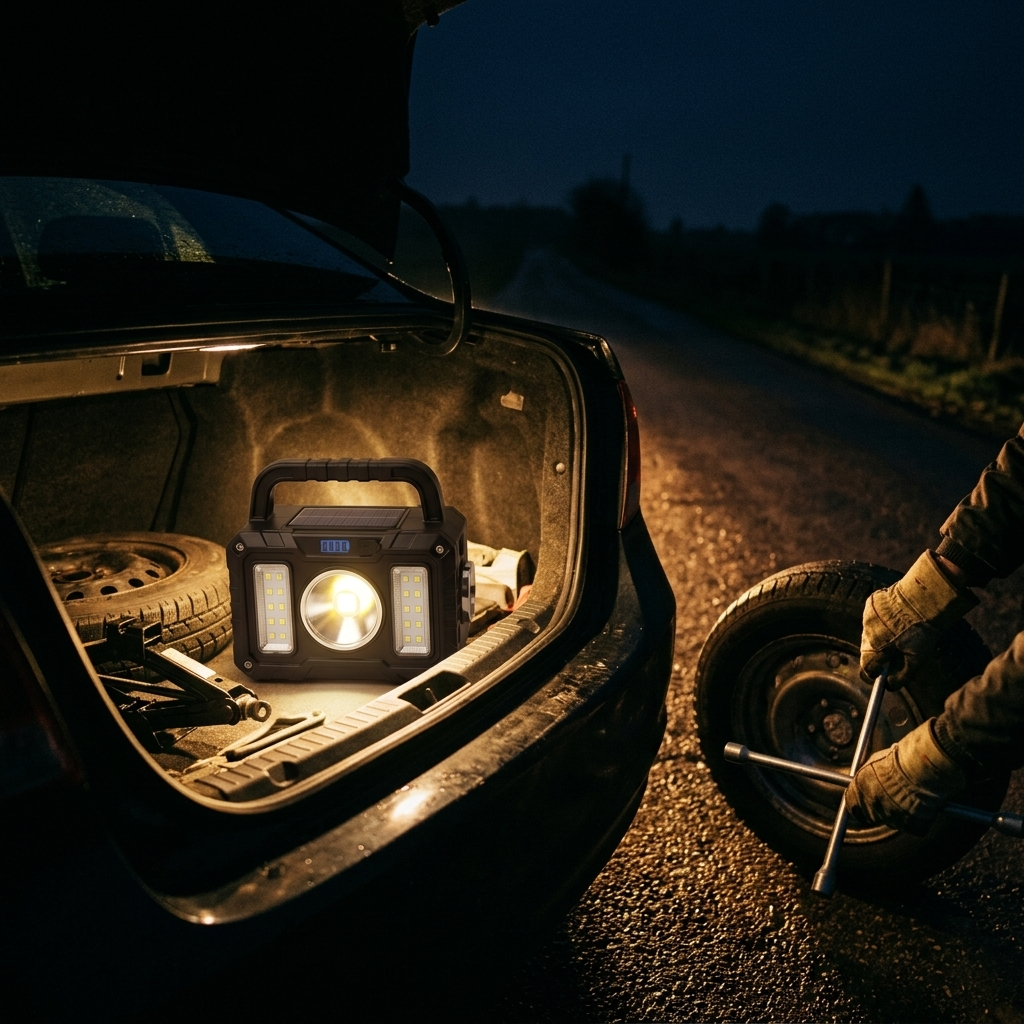 Tactical Flashlight standing in a car trunk at night, lighting a roadside tyre change