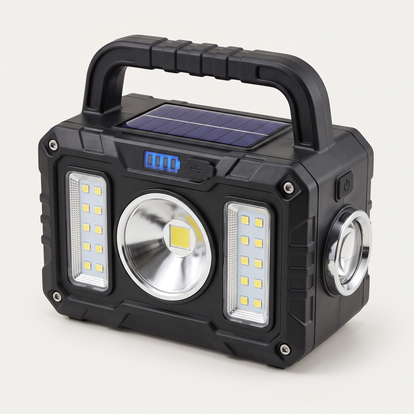 Tactical Flashlight studio view - matte black solar LED work light with carry handle, COB floodlight and side spotlight