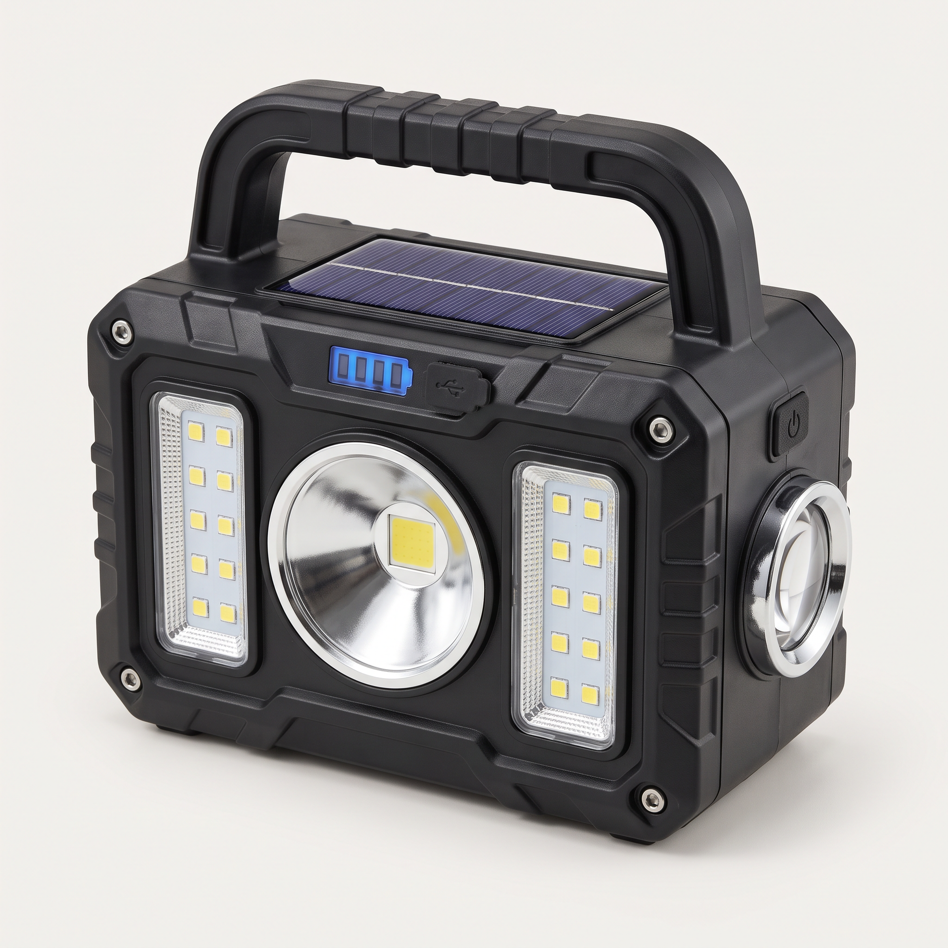 Tactical Flashlight studio view - matte black solar LED work light with carry handle, COB floodlight and side spotlight
