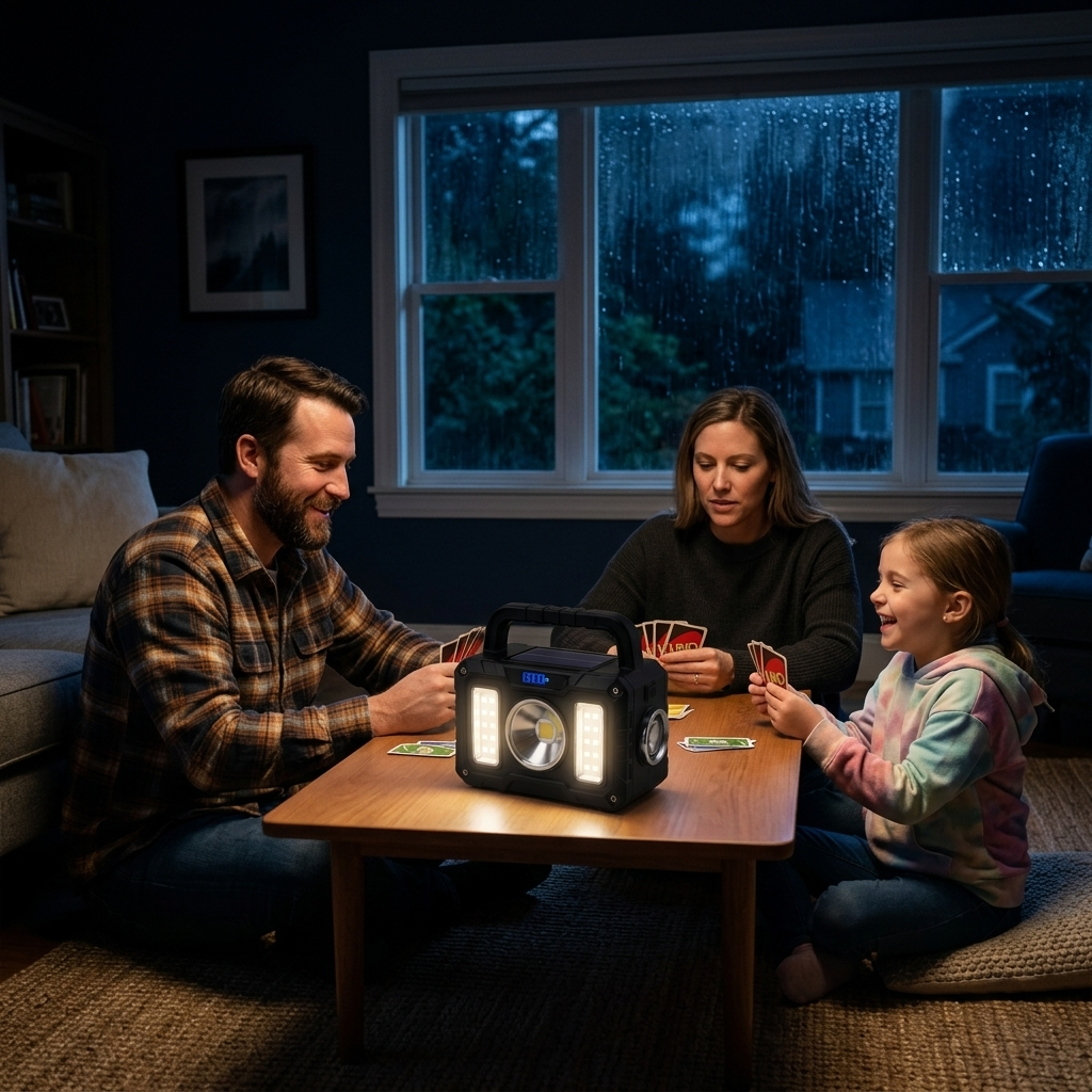 A family playing cards around the Tactical Flashlight on a coffee table with the power out
