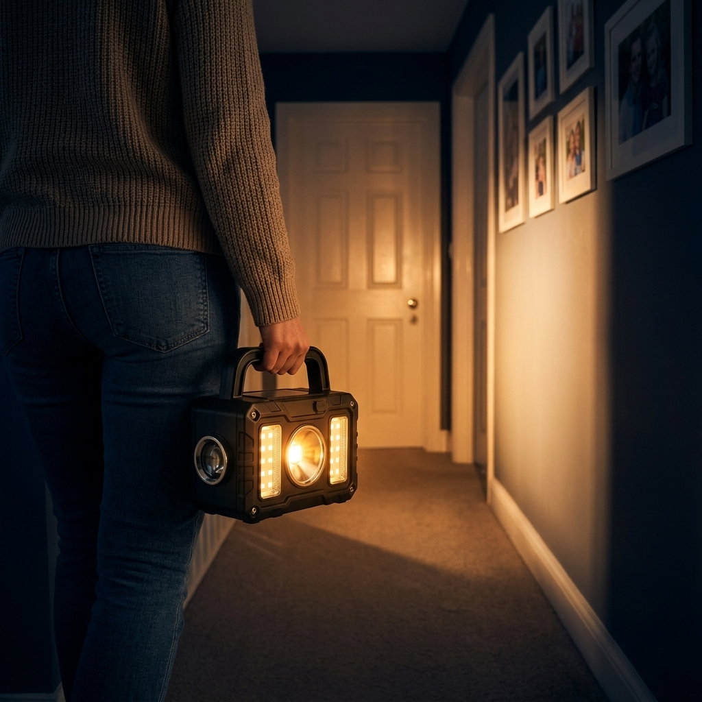 A mother carrying the Tactical Flashlight down a pitch-dark hallway toward a child's bedroom during a blackout