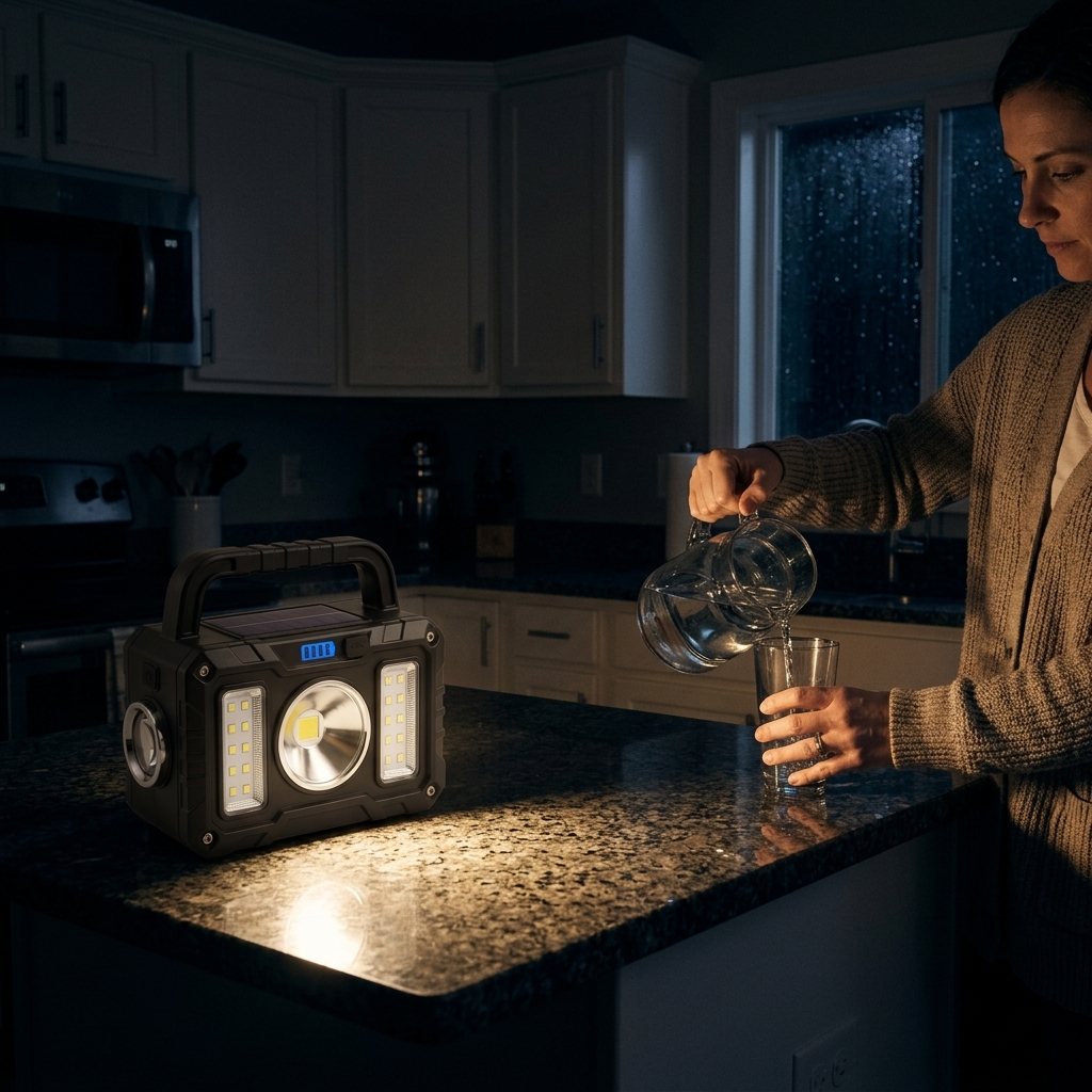 Tactical Flashlight lighting a kitchen counter during a night power outage while a glass of water is poured
