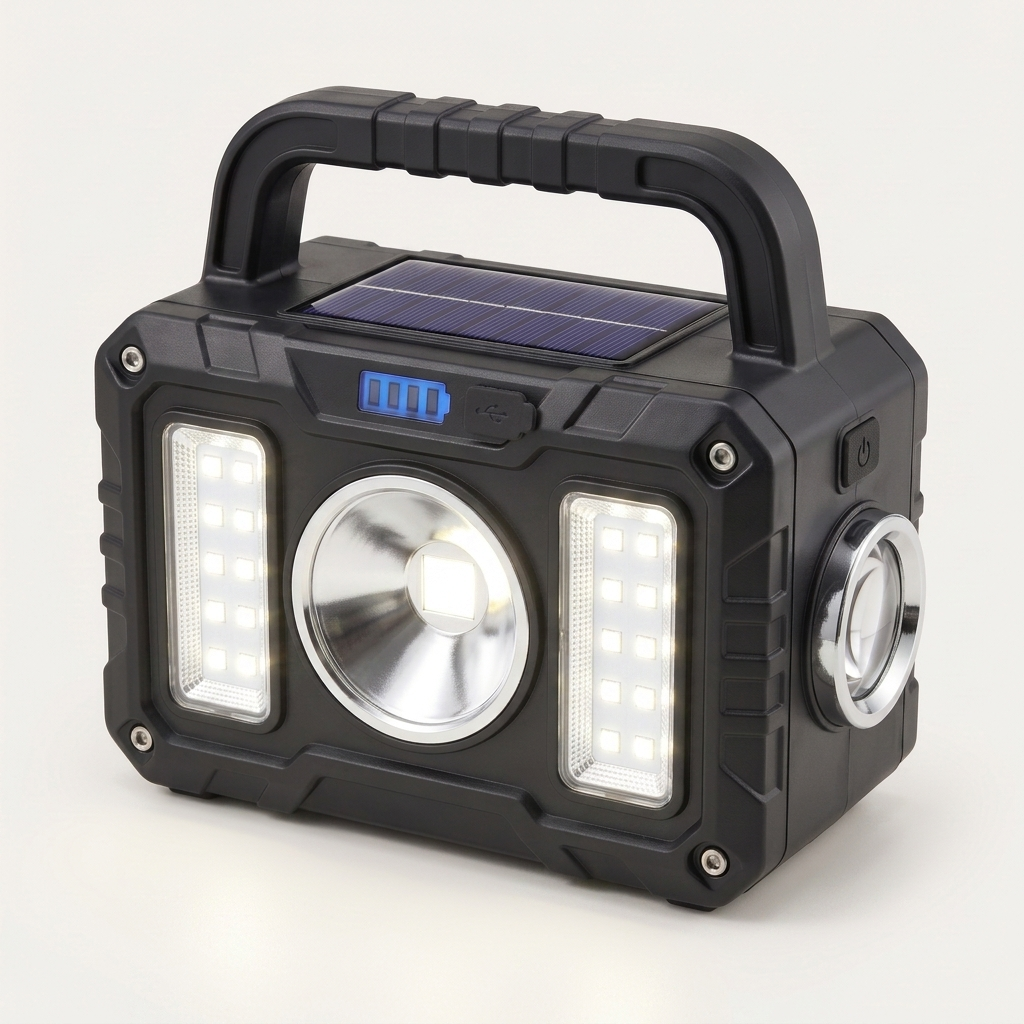 Tactical Flashlight switched on - central COB floodlight and both LED side panels lit
