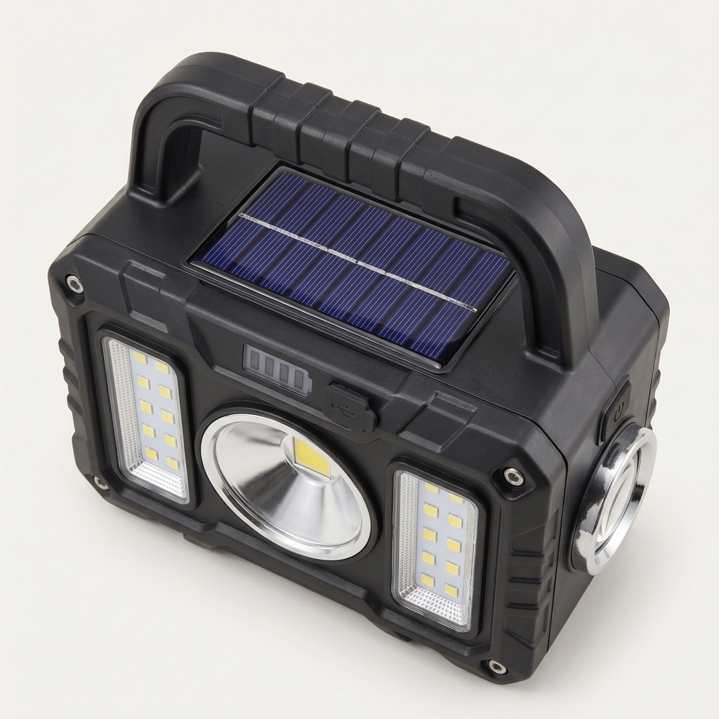 Tactical Flashlight from above - solar panel on the top deck, with the four-segment battery indicator and USB charging port on the front face below it