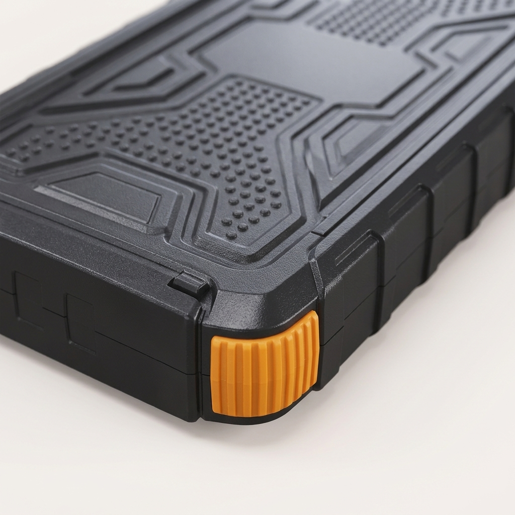 Close-up of the power bank's corner, showing the ribbed orange rubber bumper cap, the chunky ribbed side grip and the moulded angular pattern on the black shell.