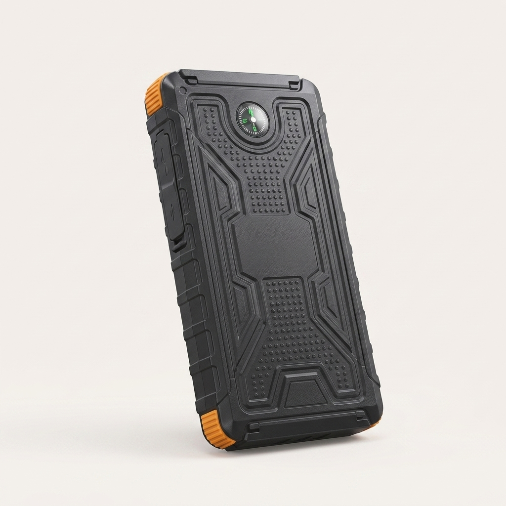 Back of the rugged power bank on a plain light grey background, showing the angular moulded relief pattern, dotted texture panels and the small round inset compass.