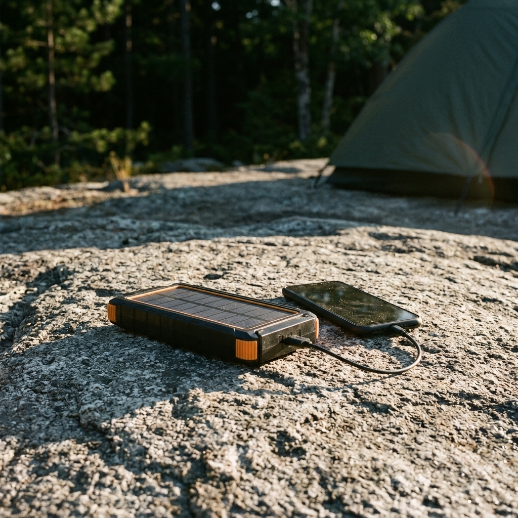 The power bank lying on dry granite at a backcountry camp in low morning sun, solar panel facing up, a short black cable running to a phone beside it.