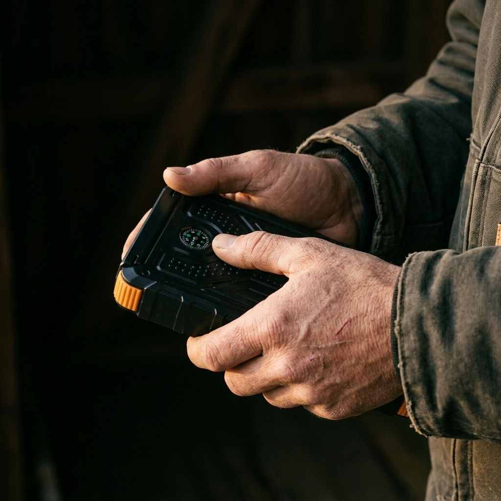 A man's weathered hands holding the power bank with its back face up, thumb resting beside the small inset compass, warm side light against deep shadow.