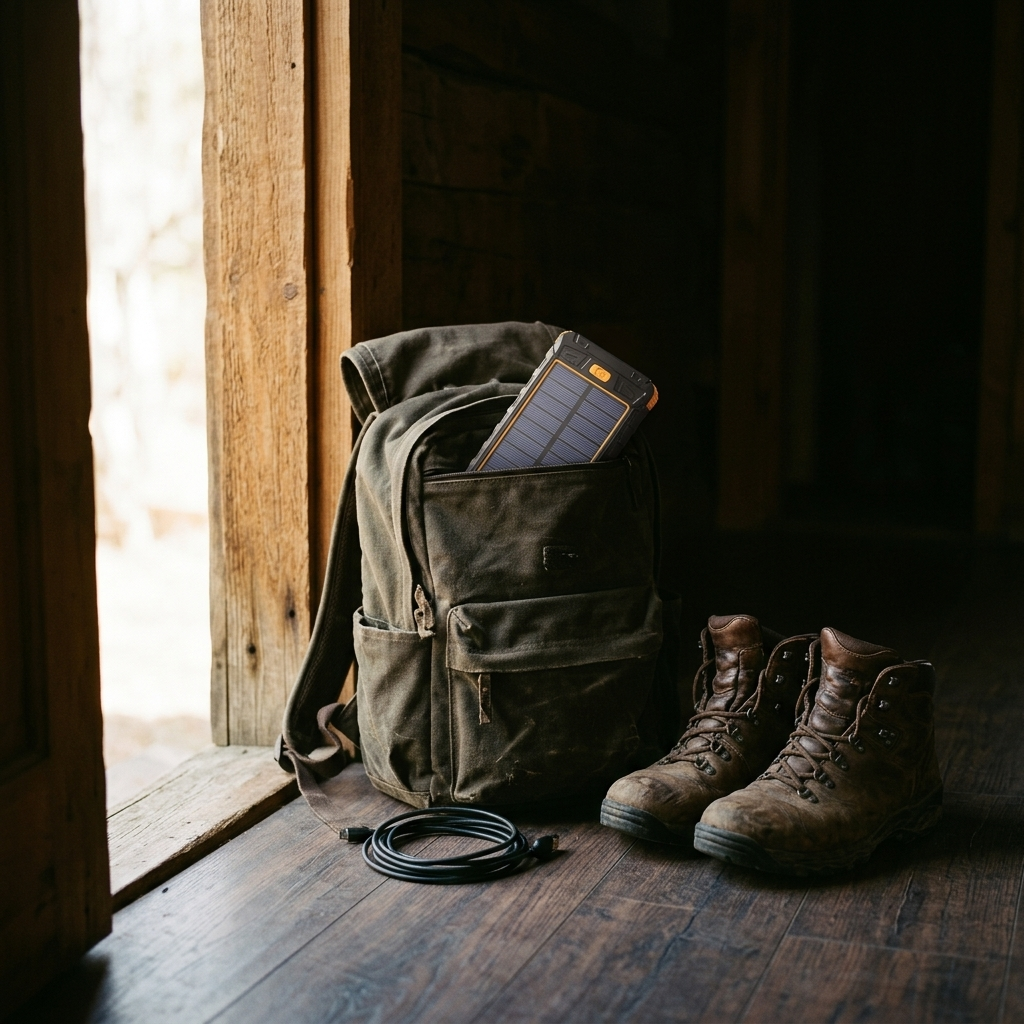 The power bank tucked into the lid pocket of a worn canvas backpack on a plank floor, beside scuffed leather boots and a coiled cable.