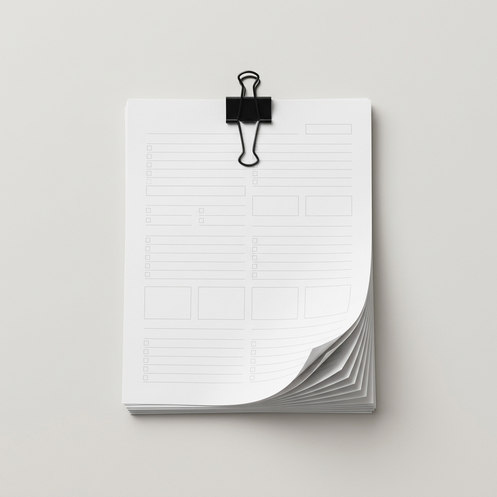 Overhead studio shot of a thick stack of printed letter-size checklist pages held with a plain black binder clip on a seamless light warm-grey background