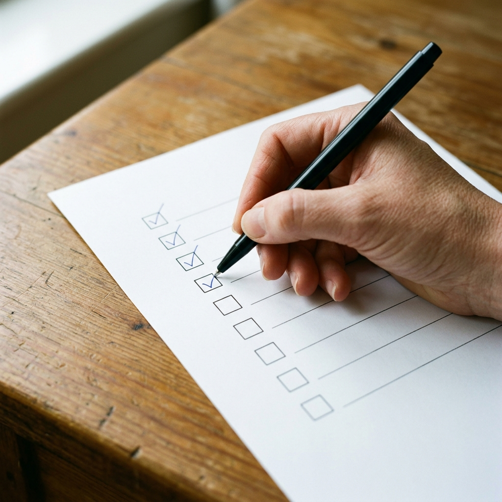 Close-up of a hand with a plain black ballpoint pen ticking one box in a vertical column of printed checkboxes on a page on a wooden kitchen table