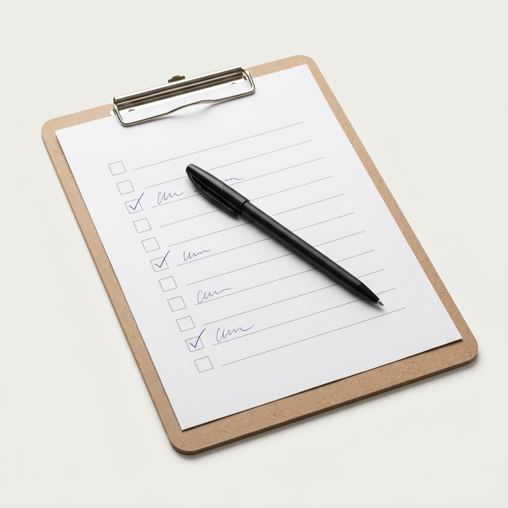 Studio shot of a hardboard clipboard holding a partly filled-in checklist page with a plain black ballpoint pen resting across it