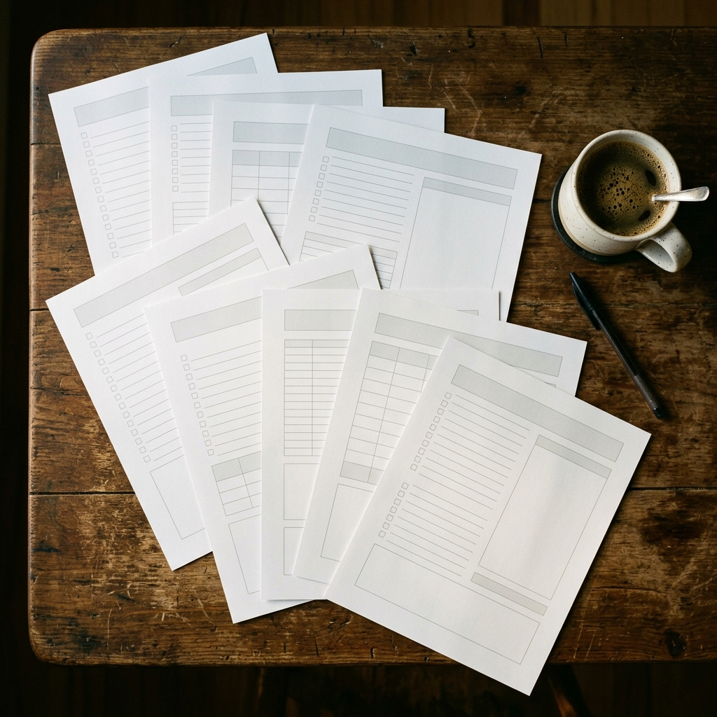 Overhead view of nine printed checklist and planner pages fanned across a worn wooden kitchen table beside a coffee mug and a pen
