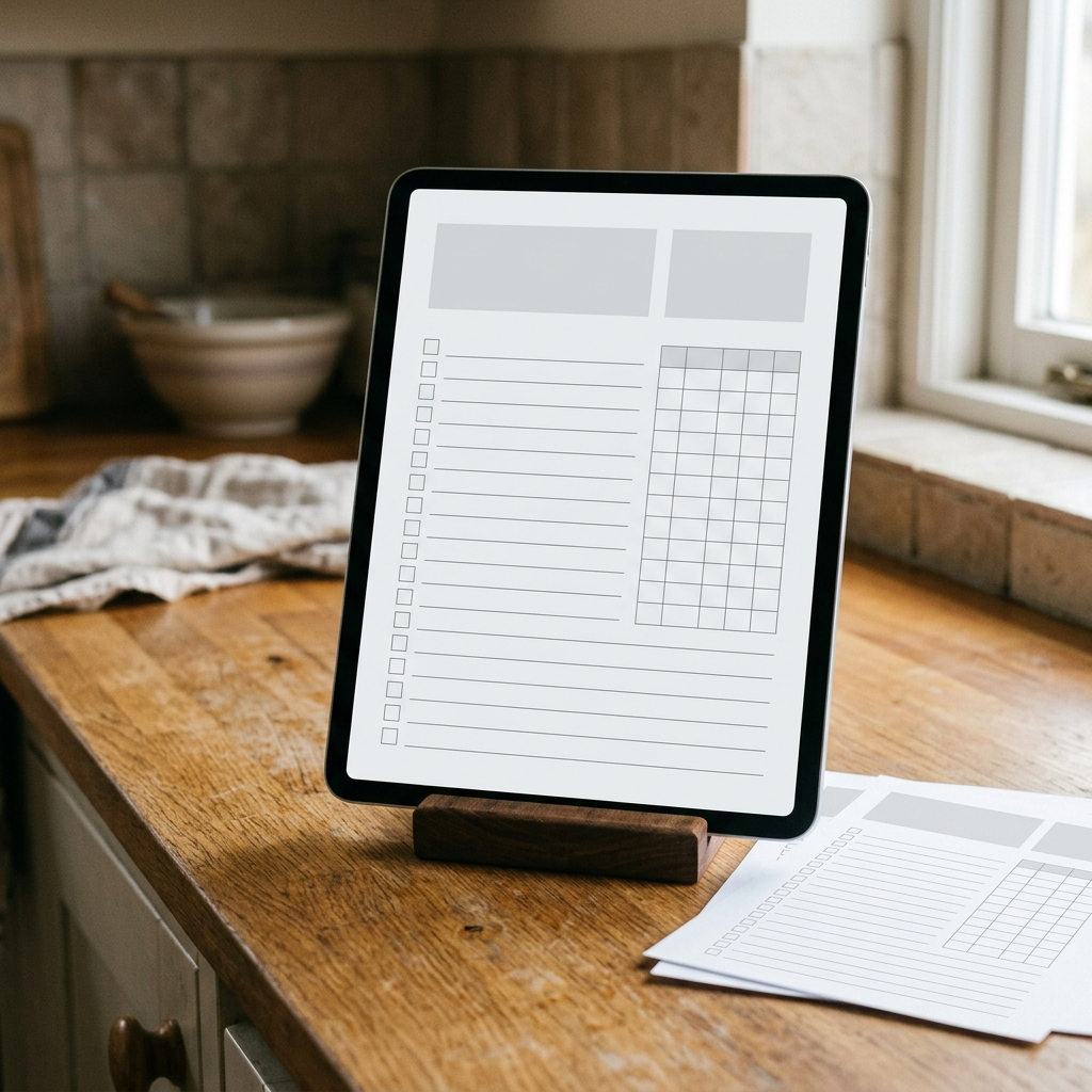 A tablet on a wooden stand on a kitchen counter showing a checklist page, with printed pages lying on the counter beside it