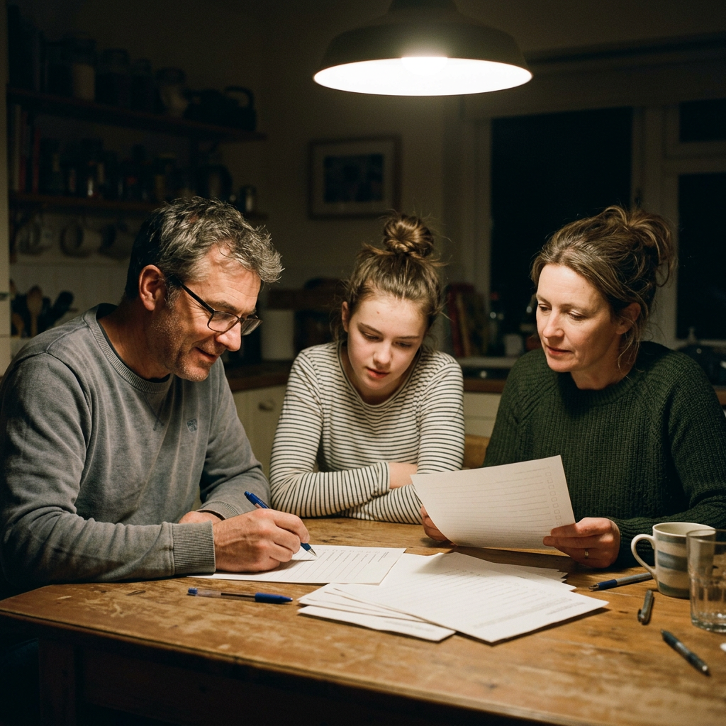 A man, woman and teenage daughter sitting together at a kitchen table in the evening, working through printed checklist pages with a pen
