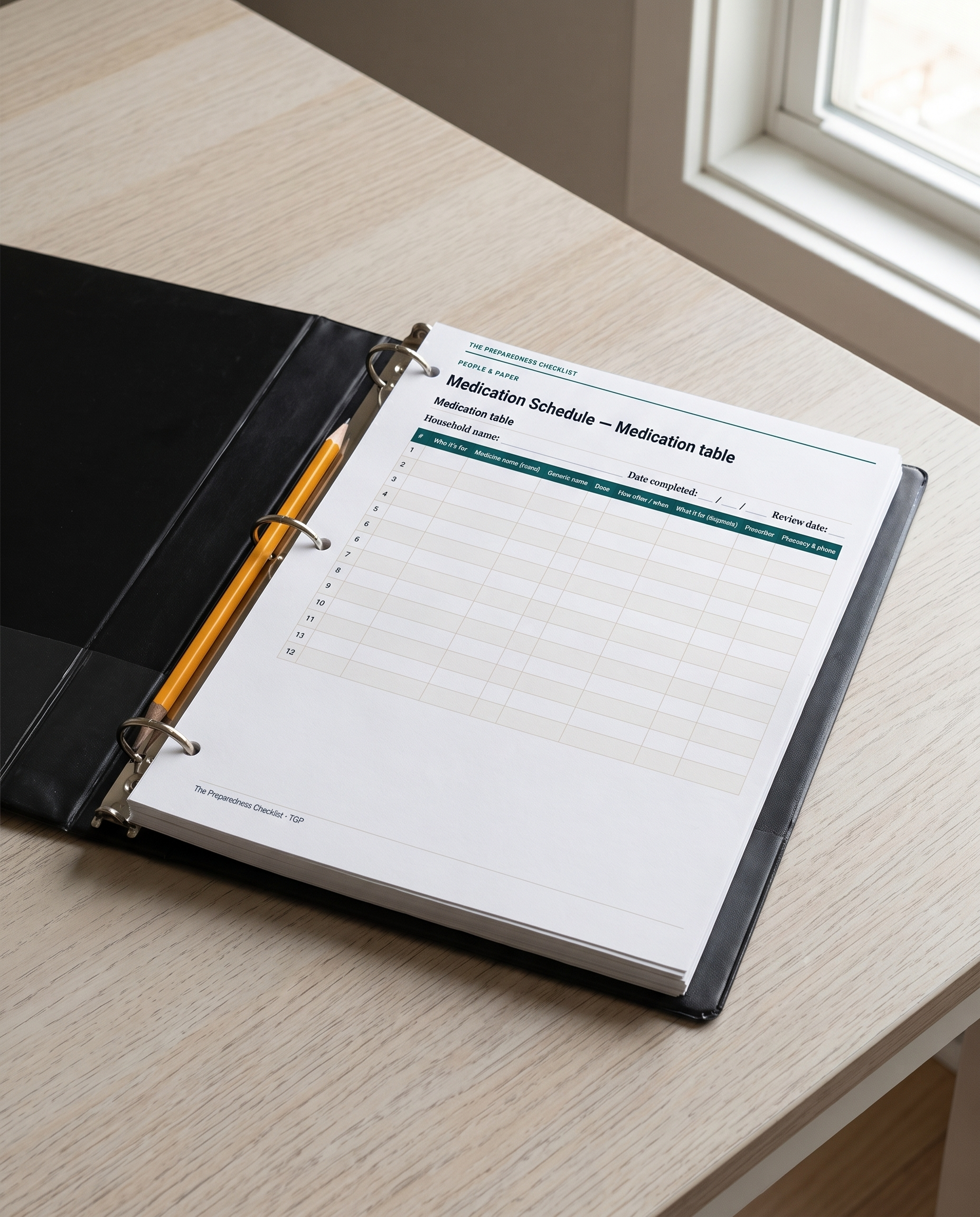 Printed pages of the workbook in a ring binder, open at the medication table, with a pencil