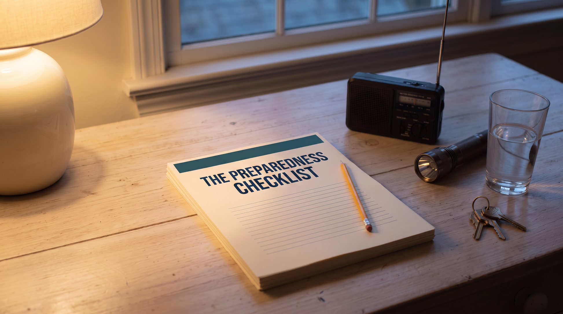 The Preparedness Checklist on a kitchen table at dusk beside a battery radio, a torch, house keys and a glass of water