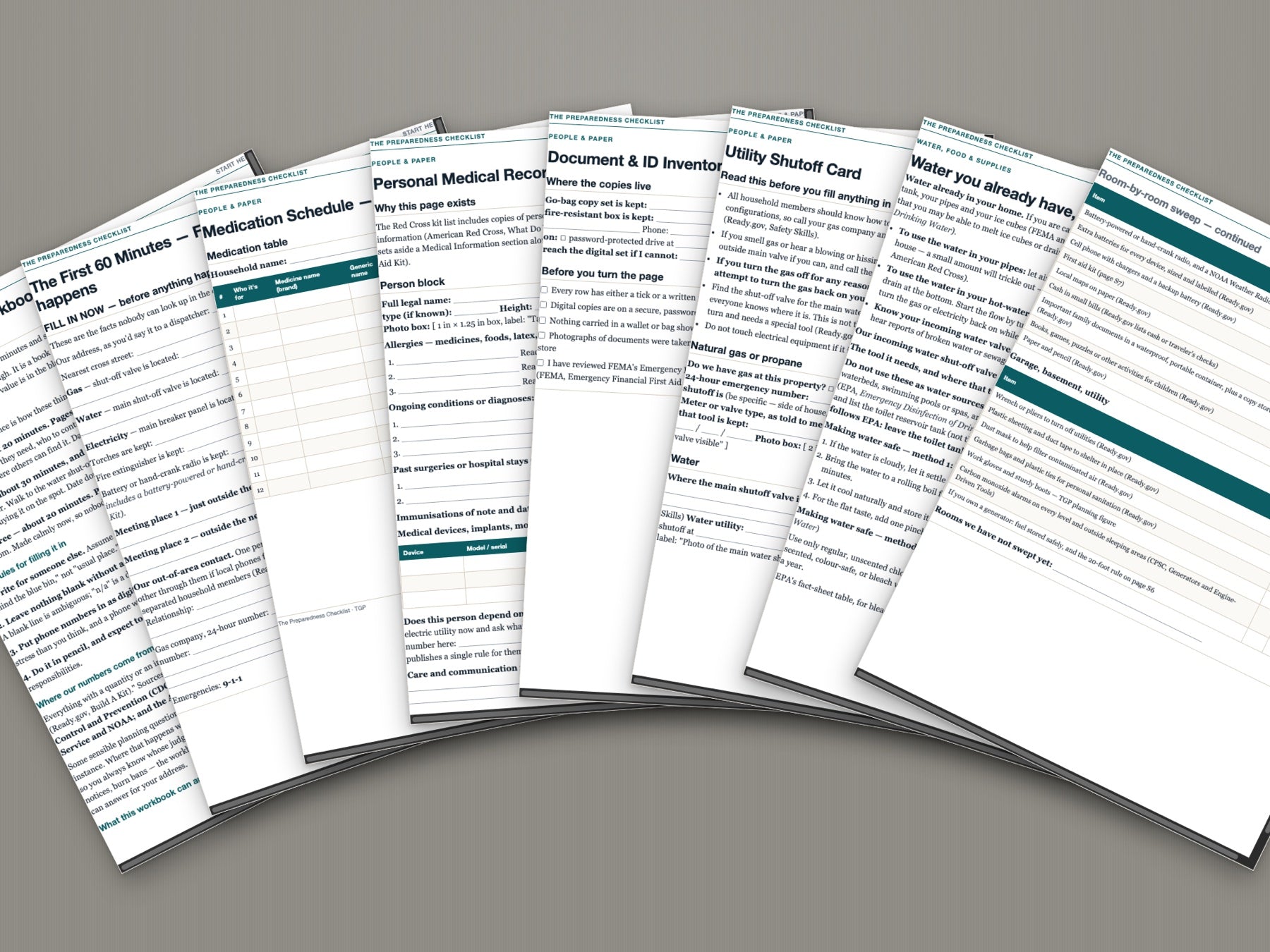 Eight pages of the workbook fanned out: the first 60 minutes, medication schedule, medical record, document inventory, utility shut-off card, water, vehicle kit