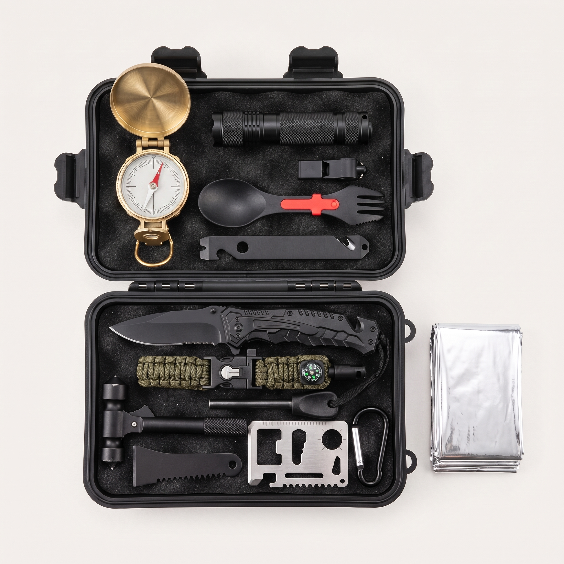 Survival tools kit in an open black hard shell case, laid flat top-down on a pale grey background, with a brass compass, LED torch, whistle, spork, multi-tool bar, folding knife, olive paracord bracelet, ferro rod, hammer with glass breaker, saw-edged scraper, stainless card multitool and carabiner in black foam, with folded mylar blankets beside it