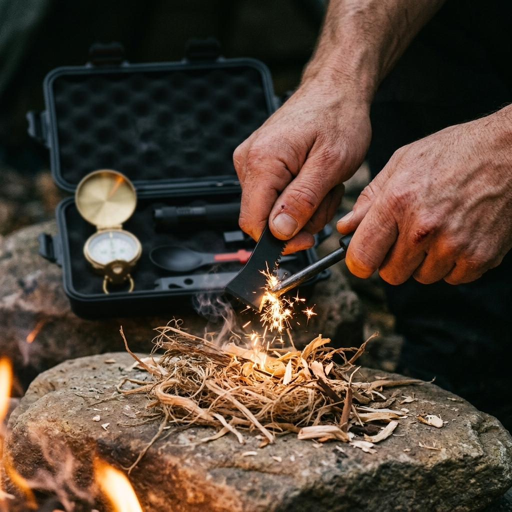 Close-up of two weathered hands striking the kit's ferro rod against the saw-edged scraper, throwing sparks into a nest of dry tinder on a rock, with the open case behind in soft focus