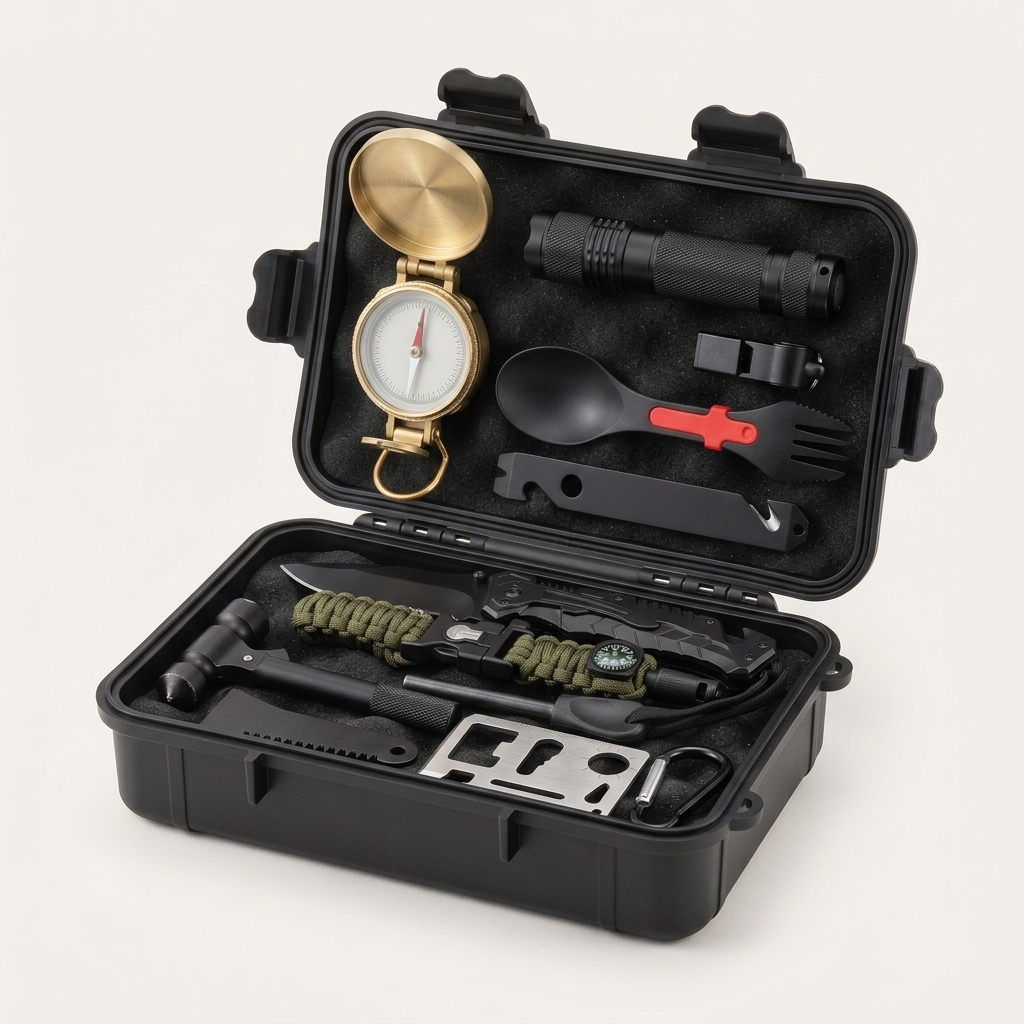 The same black hard shell survival tools case photographed at a three-quarter angle with the lid standing open, each tool seated in its own recess in the black foam, on a pale grey studio background