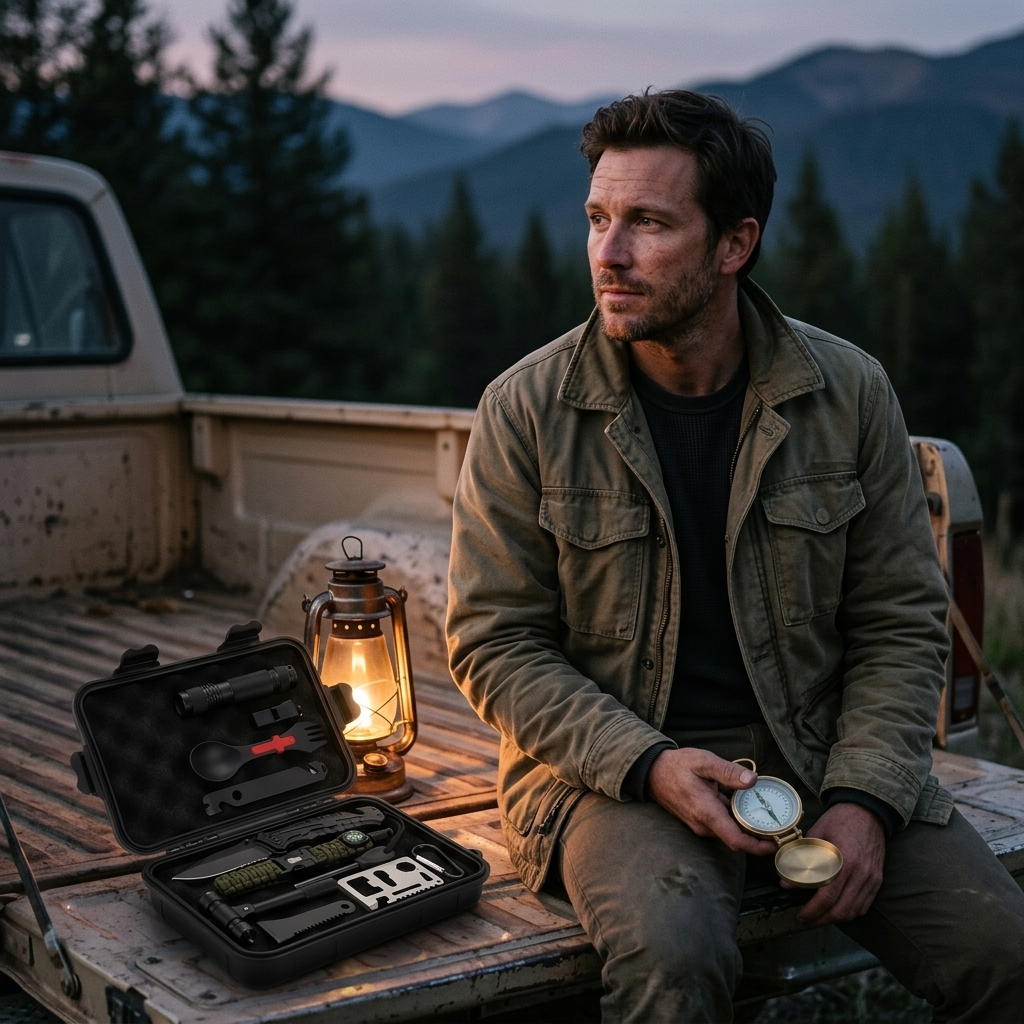 A man in a worn canvas jacket sitting on the tailgate of an old pickup at dusk, the open survival tools case beside him lit by a kerosene lantern, holding the brass compass as he looks toward the treeline