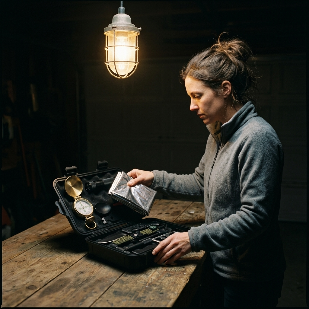 A woman in a grey fleece at a workbench in a dim garage, lifting the folded mylar emergency blankets out of the open survival tools case under a single caged work lamp